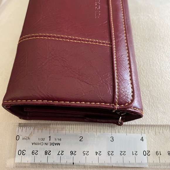 Via Roma Vintage Wallet Zippered Clutch Burgundy Snap Pockets Compartments - Picture 15 of 15